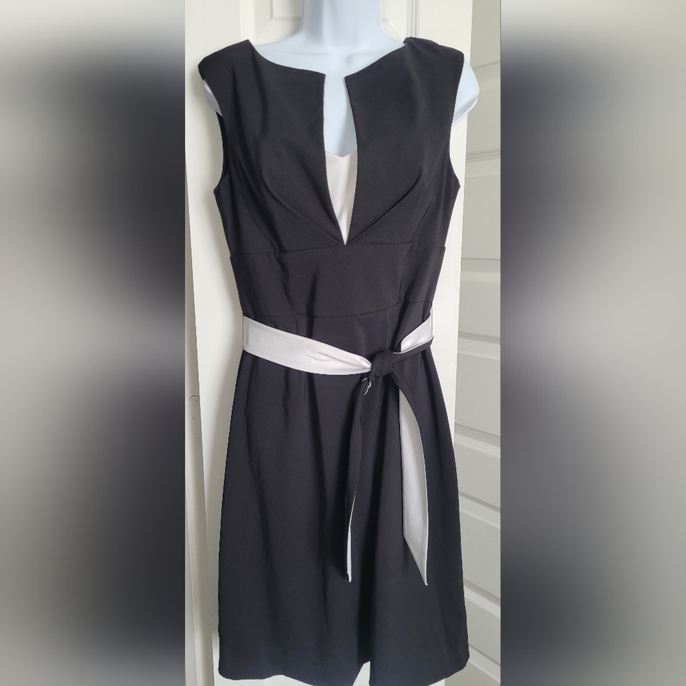 White House Black Market Black Midi Dress with White Contrast Sash